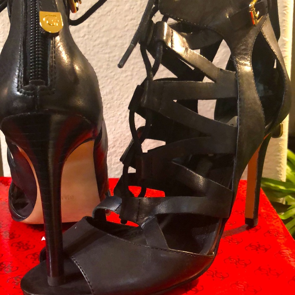 Black leather lace up heels . 4”heels